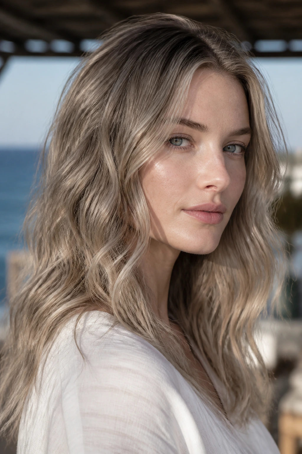 Close-up of a real woman's mushroom blonde air-dried waves hairstyle