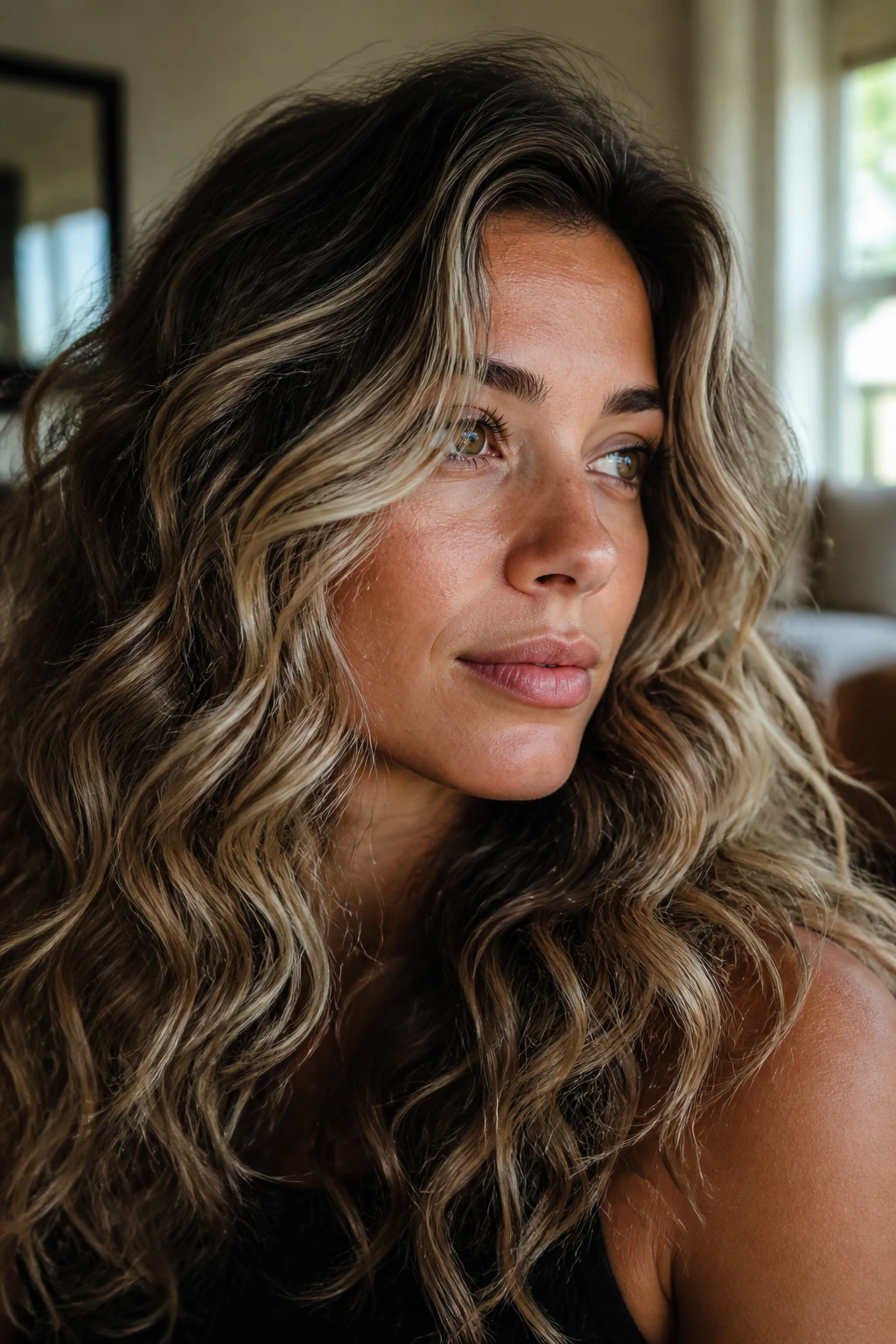 Close-up of a real woman with mushroom blonde babylights on dense waves