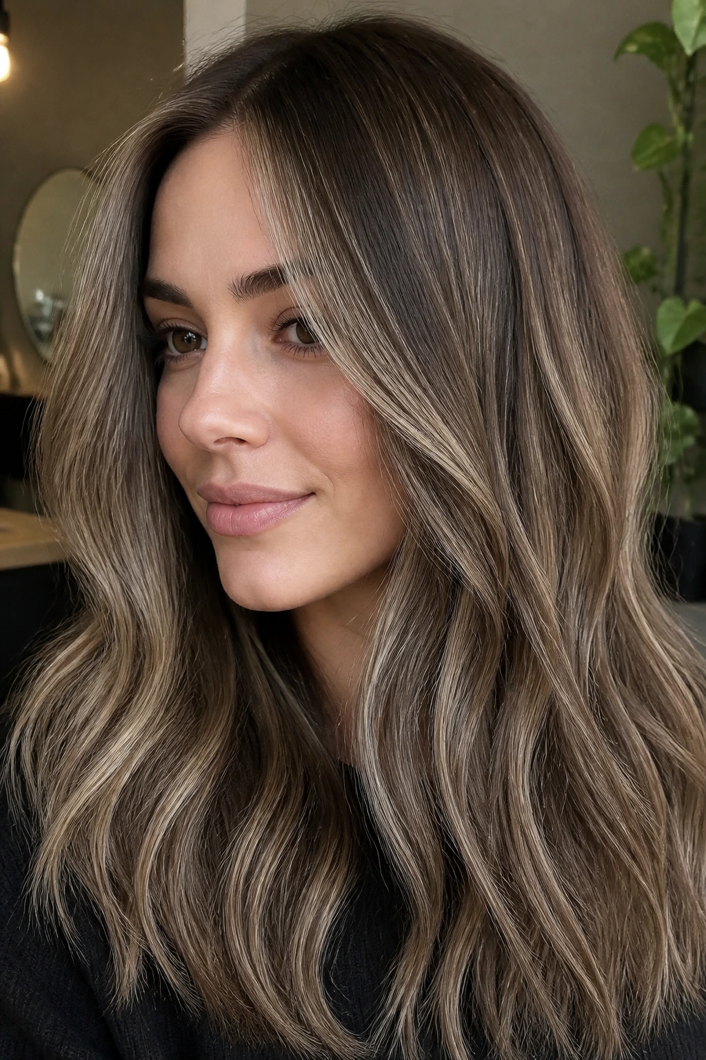 Mushroom blonde babylights on brunette close-up portrait