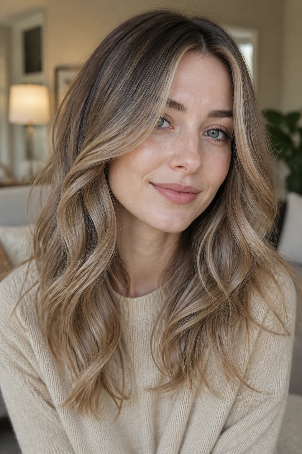 Portrait of a woman with mushroom blonde balayage and soft layers