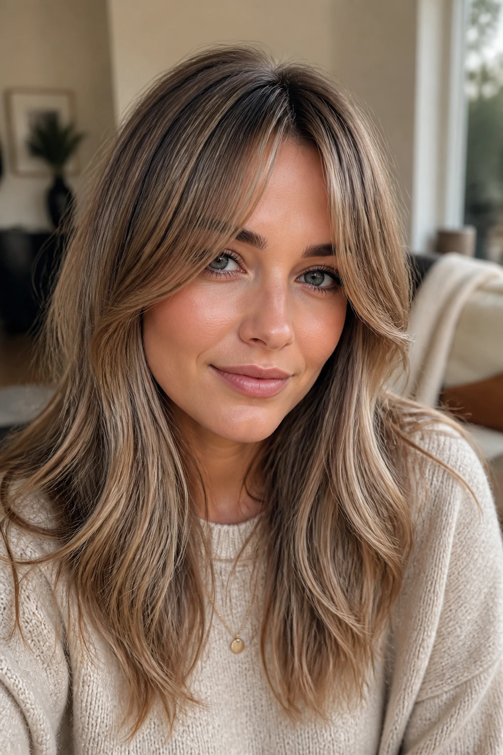 Real woman with mushroom blonde balayage and soft curtain bangs