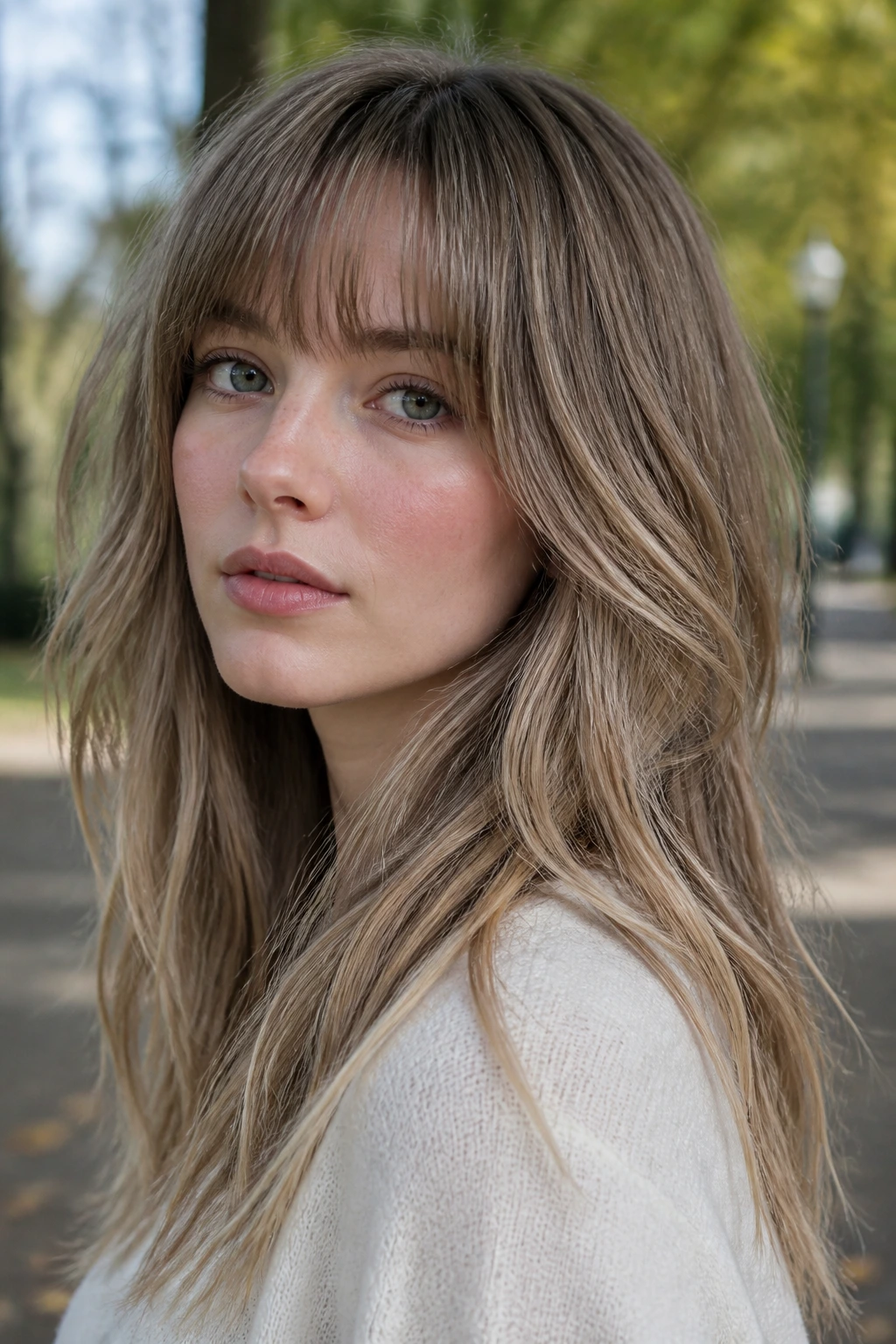 Portrait of a real woman with mushroom blonde balayage and textured fringe in a park