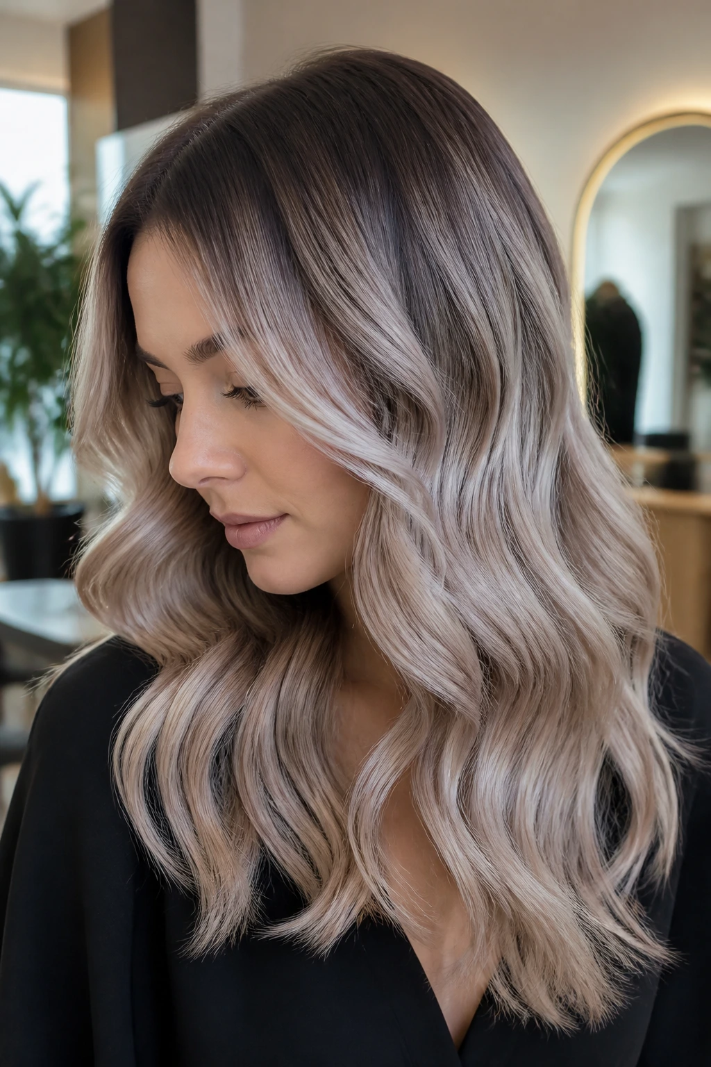 Portrait of a real woman with mushroom blonde melt and soft root shadow in a chic salon