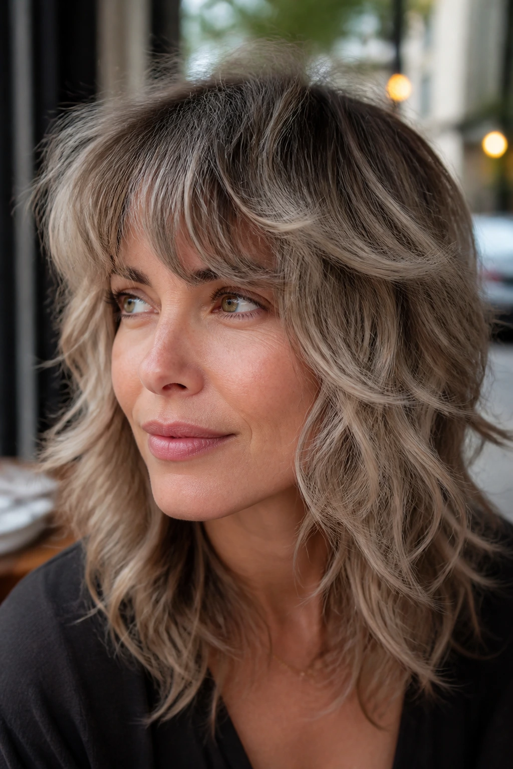 Close-up of a real woman with a shag cut and mushroom blonde balayage.