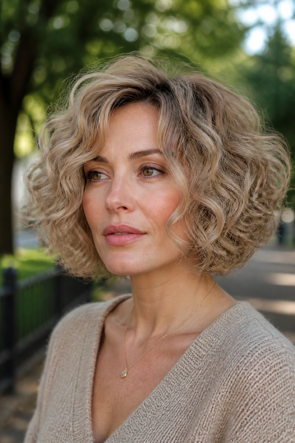 Close-up of a real woman with mushroom blonde curly bob and bendable shape in natural daylight.