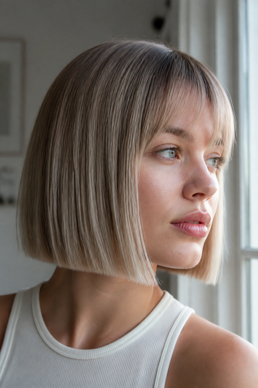 Real woman with mushroom blonde blunt bob in soft light