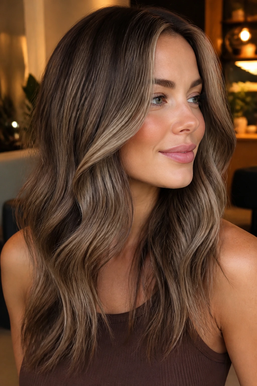 Close-up of a real woman with mushroom blonde on cocoa base