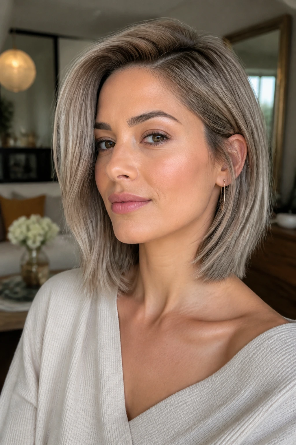 Portrait of a real woman with mushroom blonde collarbone-length hair in a soft, smokey beige-gray shade.