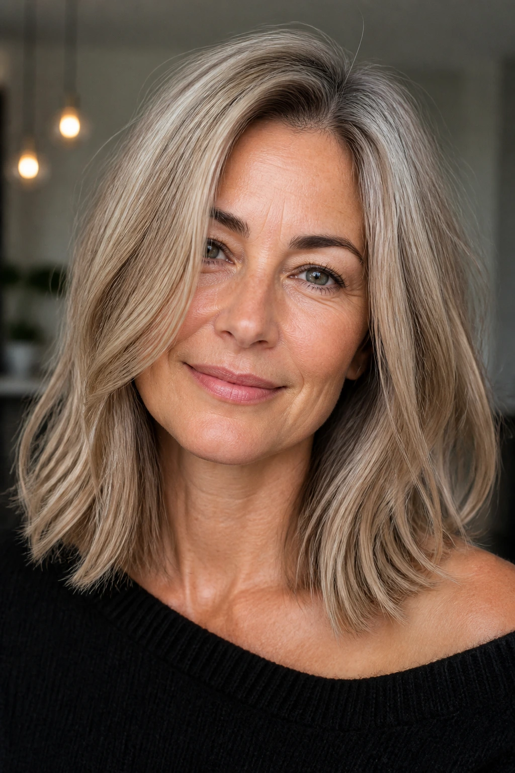 Close-up of a woman with mushroom blonde collarbone cut.