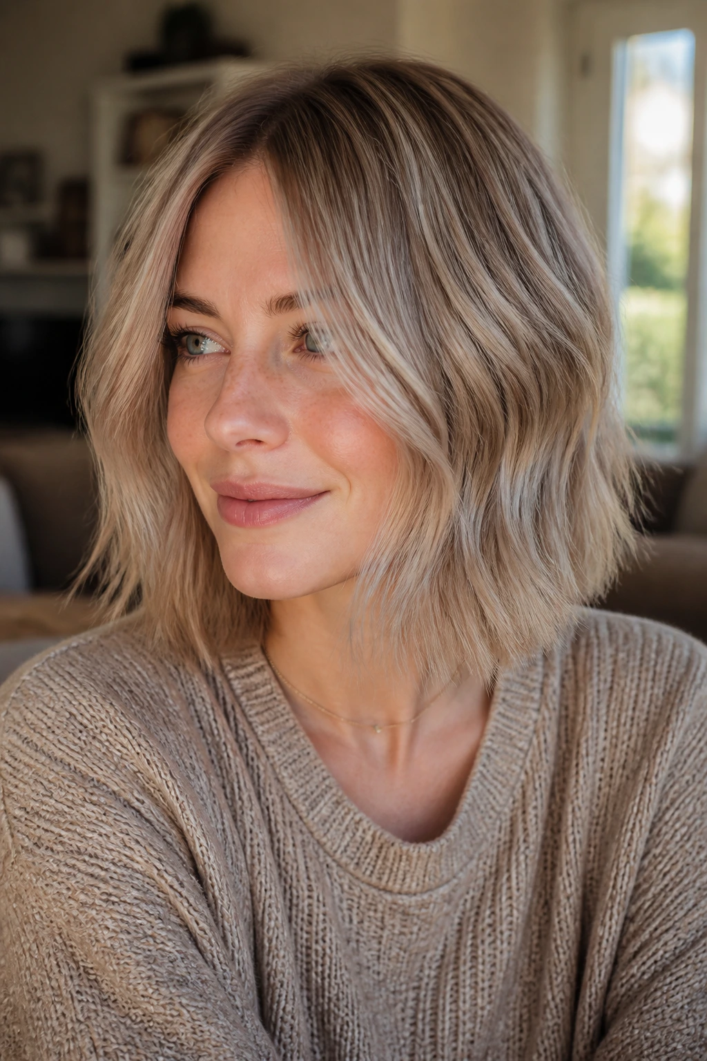 Close-up of a real woman wearing taupe-beige mushroom blonde in warm daylight