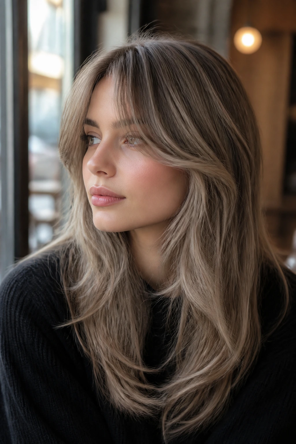 Close-up portrait of a real woman with Mushroom Blonde With Curtain Bangs in daylight
