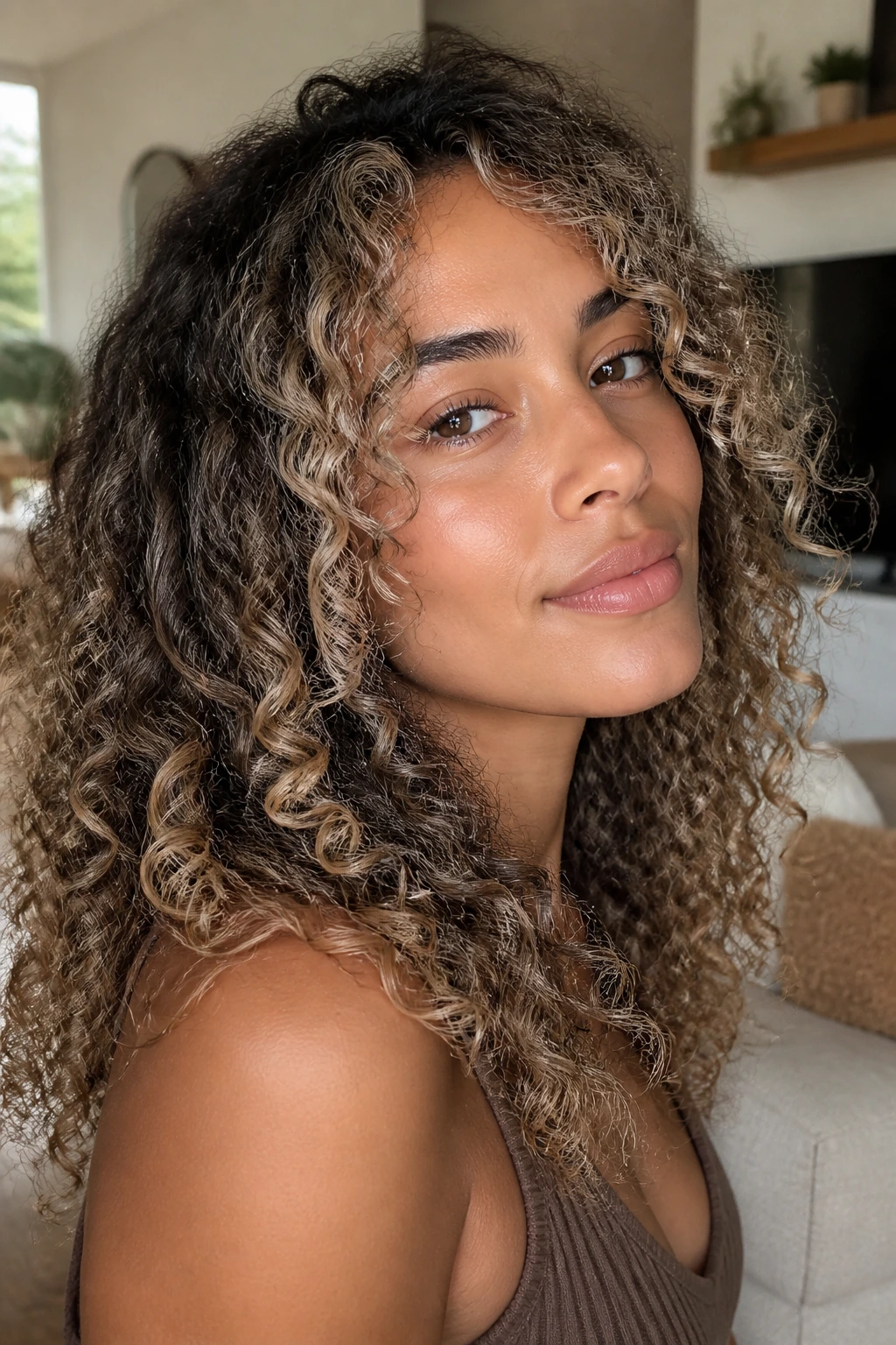 Soft mushroom blonde framing around the face on curly hair