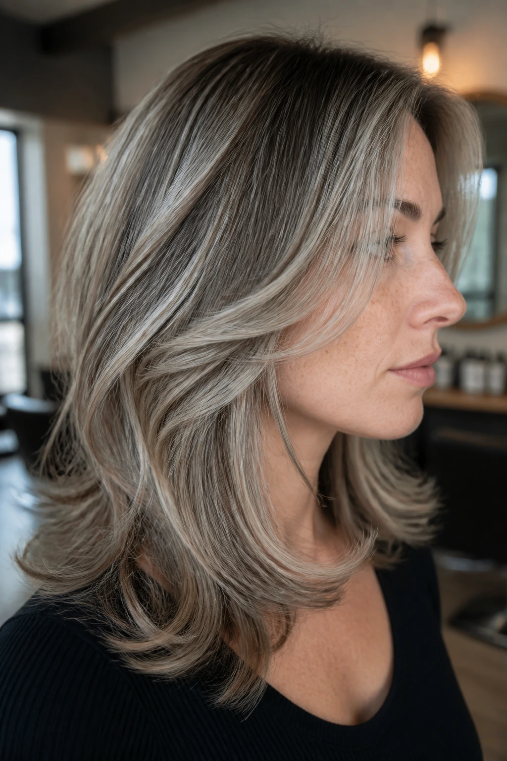 Close-up of mushroom blonde hair with grey lowlights on a real person in a salon.