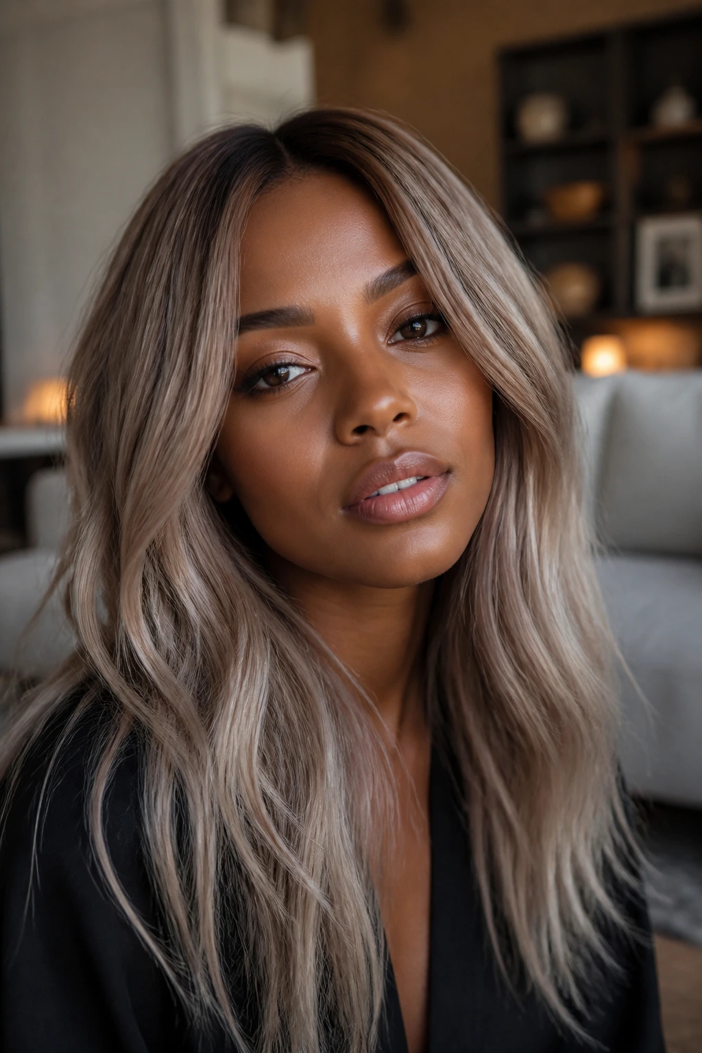 Close-up portrait of a real woman with mushroom blonde hair in a modern living room