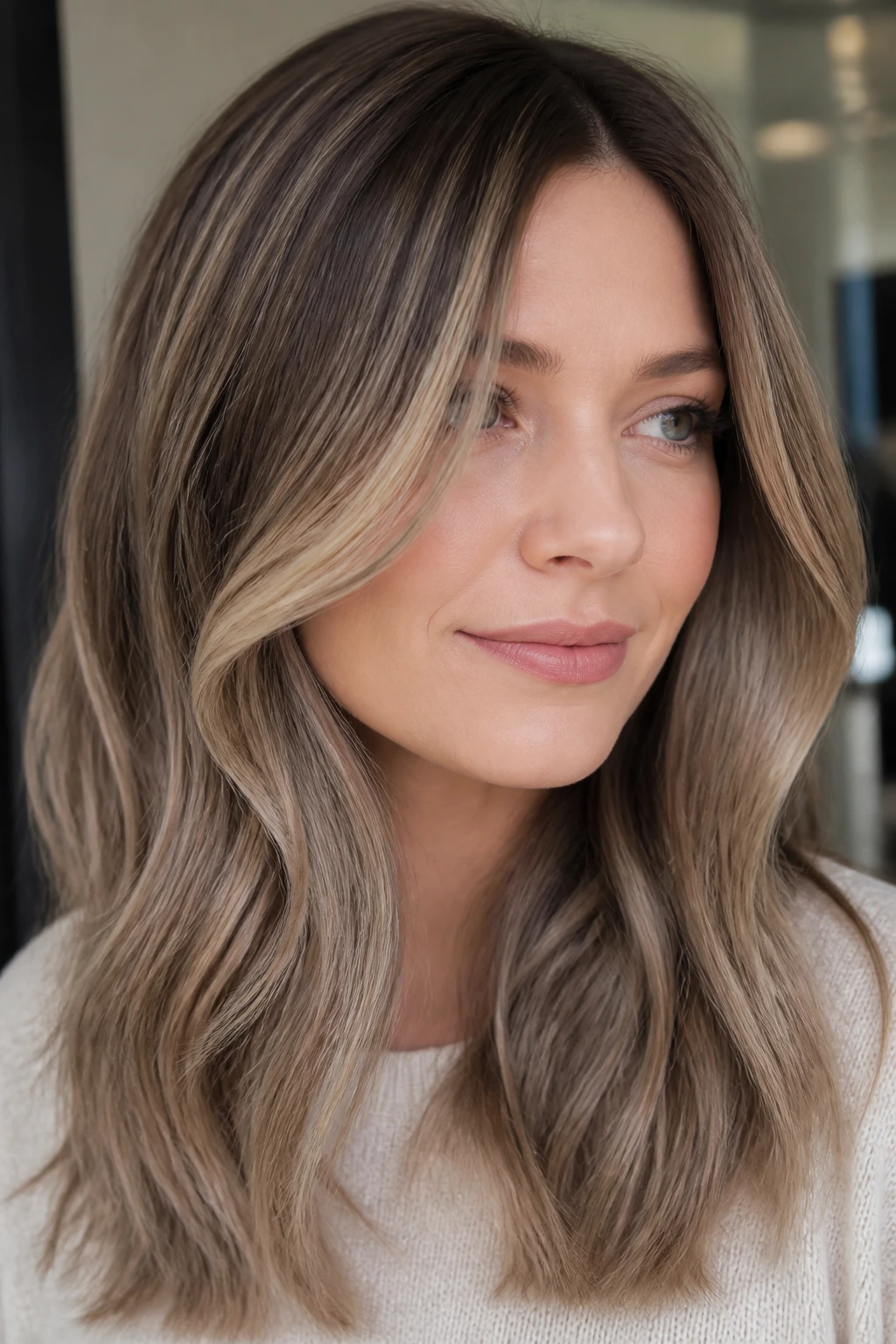 Close-up of hair with mushroom blonde ribbons for cool-neutral dimension