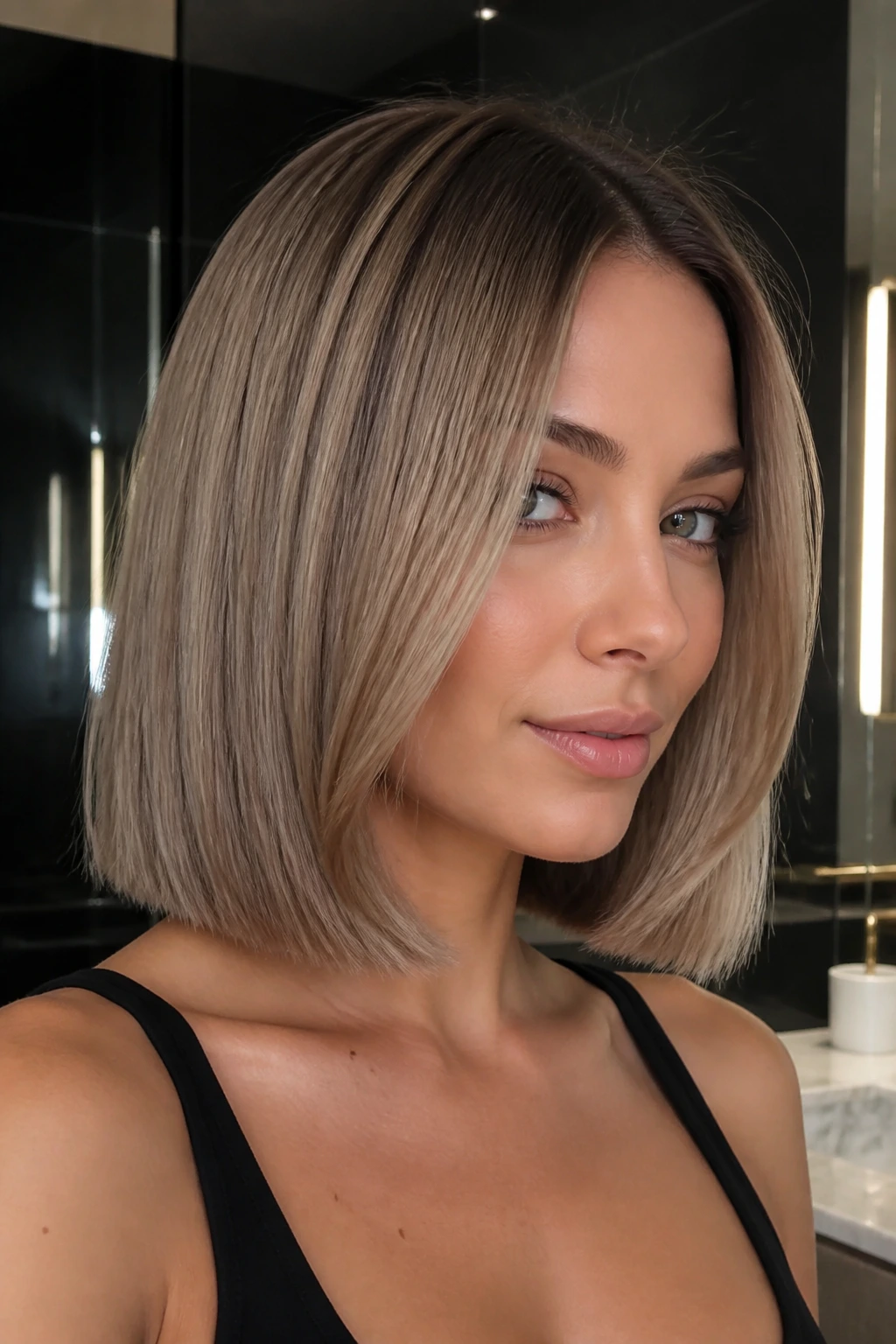 Real person with mushroom blonde lob in sleek bathroom lighting
