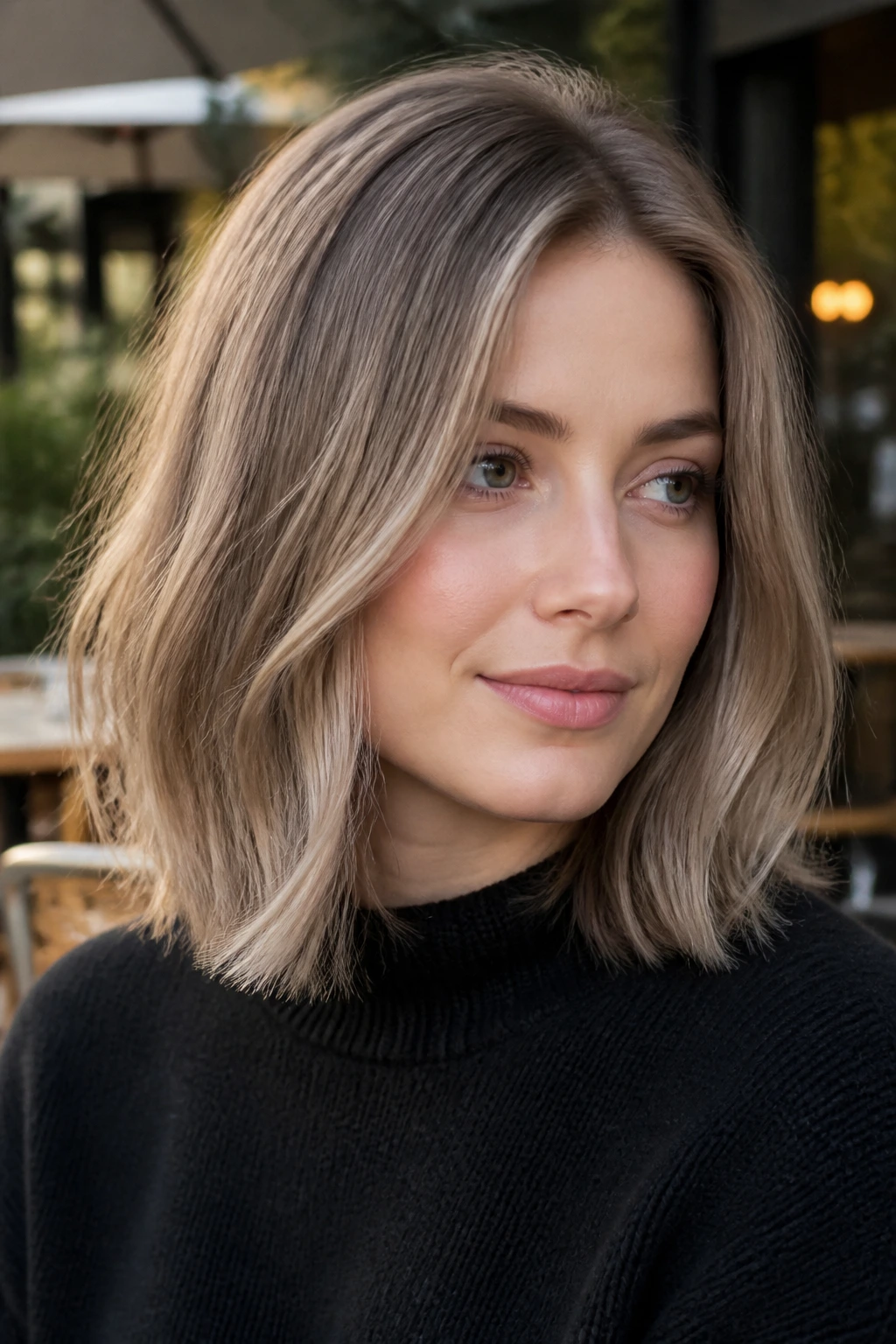 Close-up of a woman with mushroom blonde lob in natural daylight