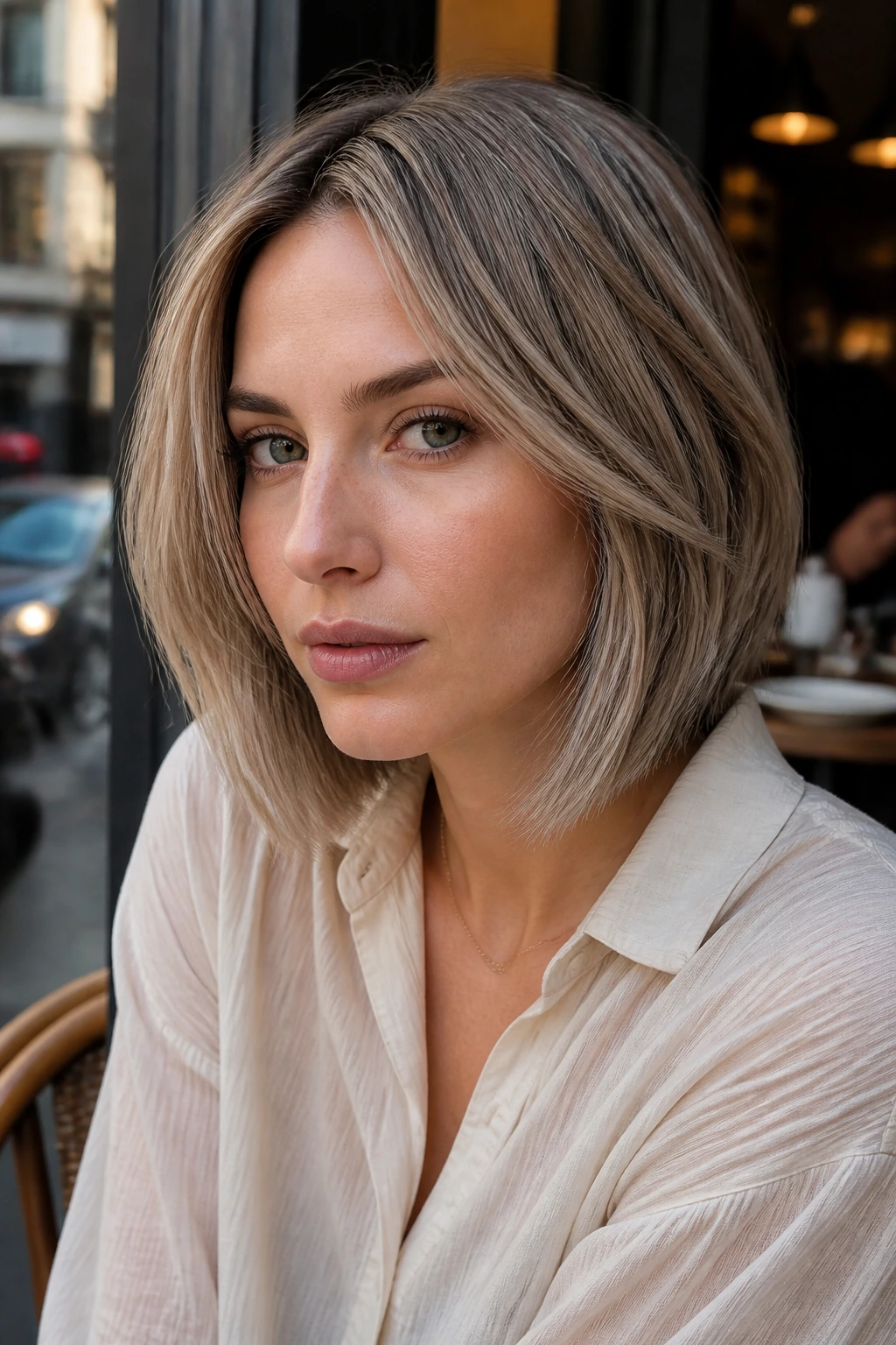 Portrait of a real woman with mushroom blonde lob in natural outdoor light