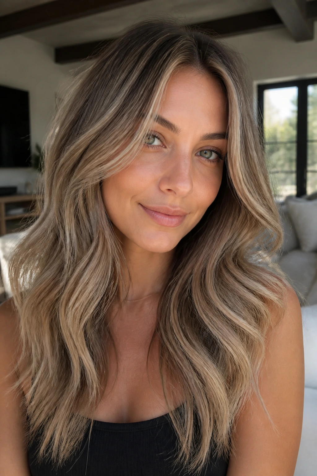 Taupe mushroom blonde with beige-gray tones and soft brown lowlights around crown