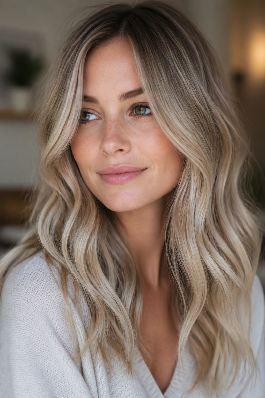 Close-up of a real woman's head showing mushroom blonde melt.