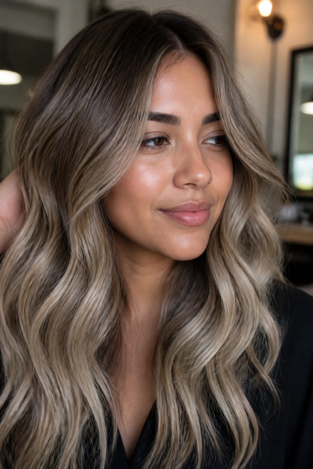 Portrait of a person with mushroom blonde melt balayage