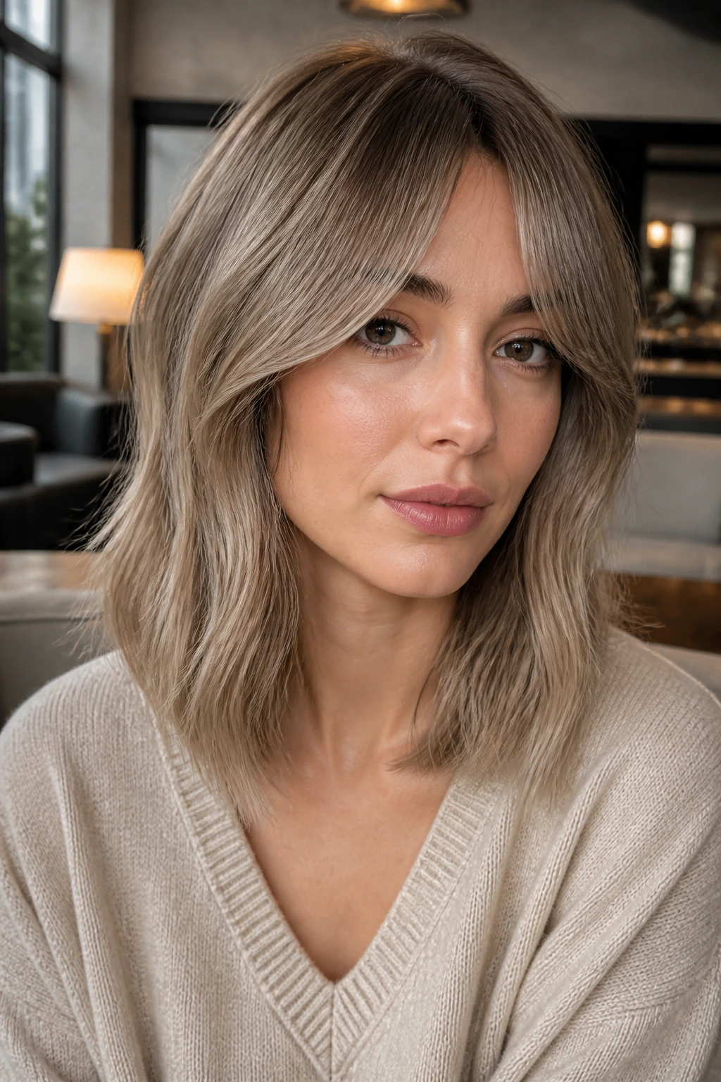 Close-up of a real woman with mushroom blonde midi length and curtain bangs