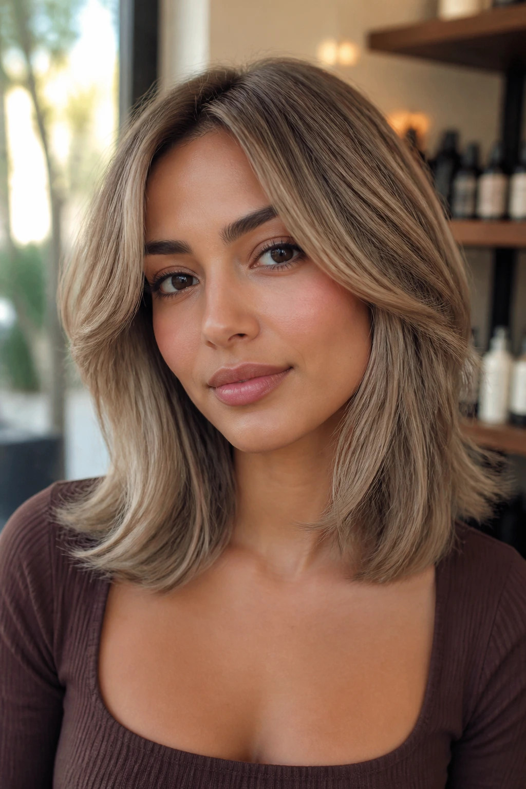 Portrait of a real person with mushroom blonde midi cut in soft window light