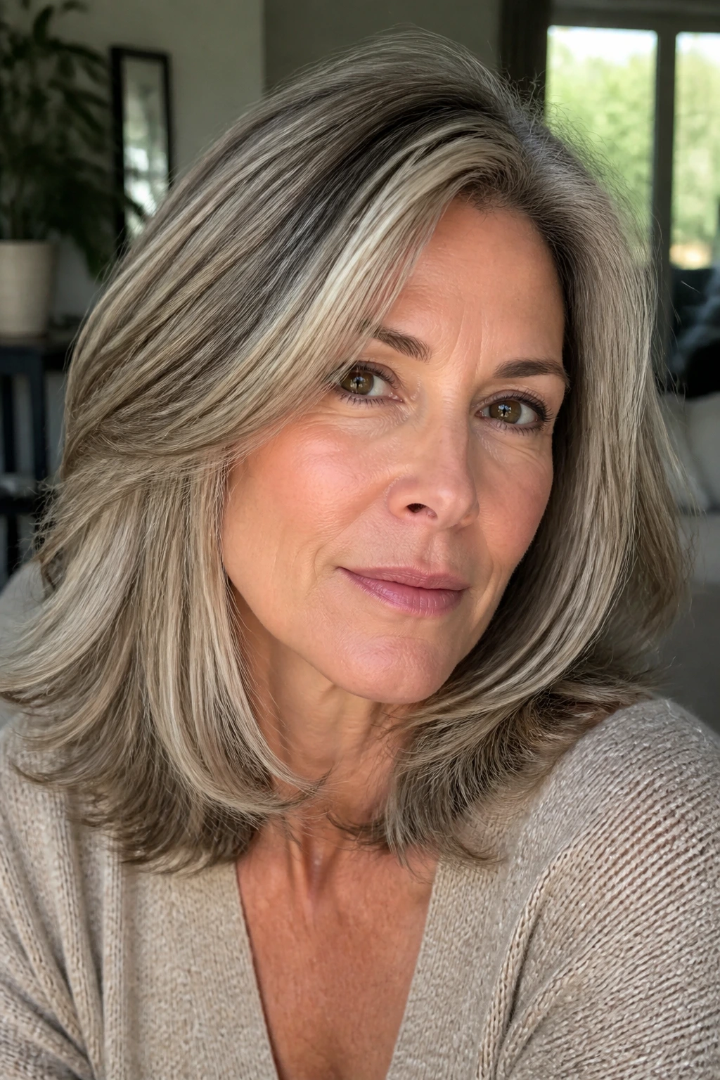 Woman with mushroom blonde midlength hair in cool taupe tones.