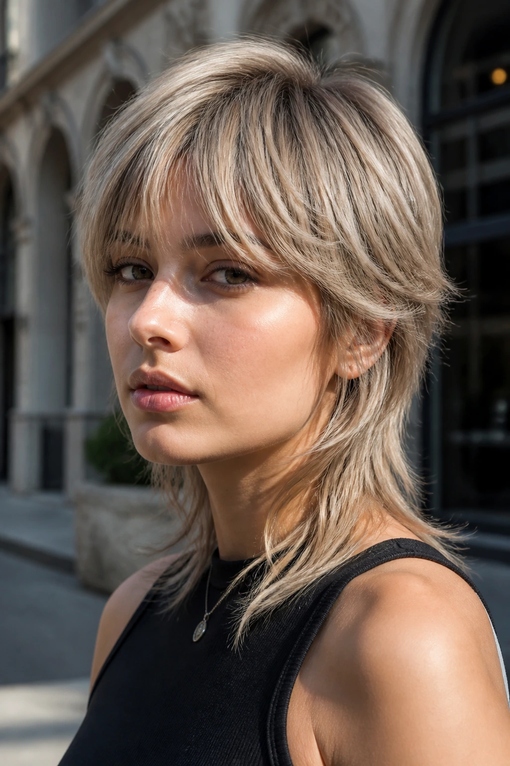Close-up portrait of a real woman with mushroom blonde soft mullet in beige-taupe tones