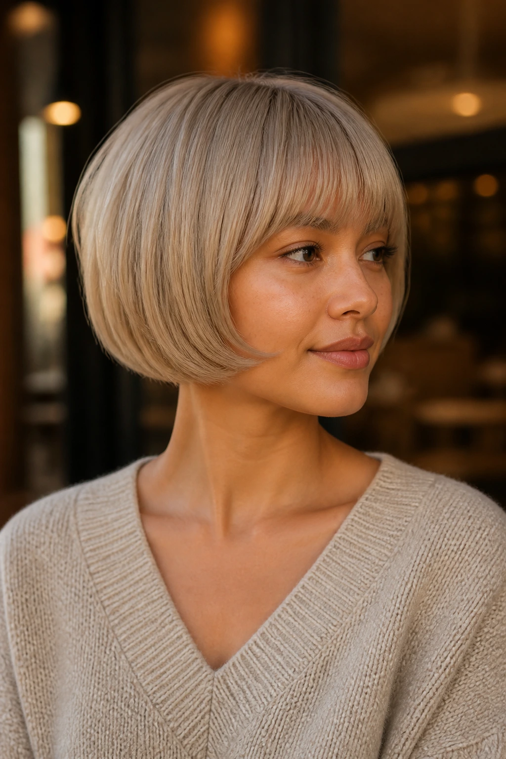 Real woman with mushroom blonde pageboy bob in warm indoor light