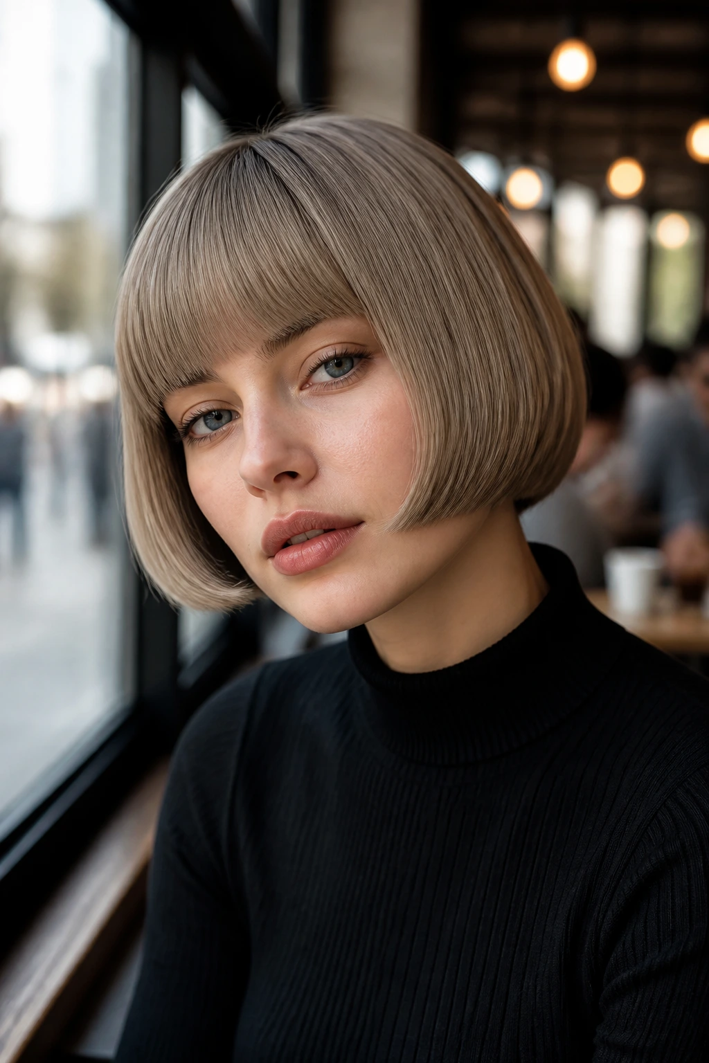 Close-up of real person with a cool mushroom blonde pageboy bob