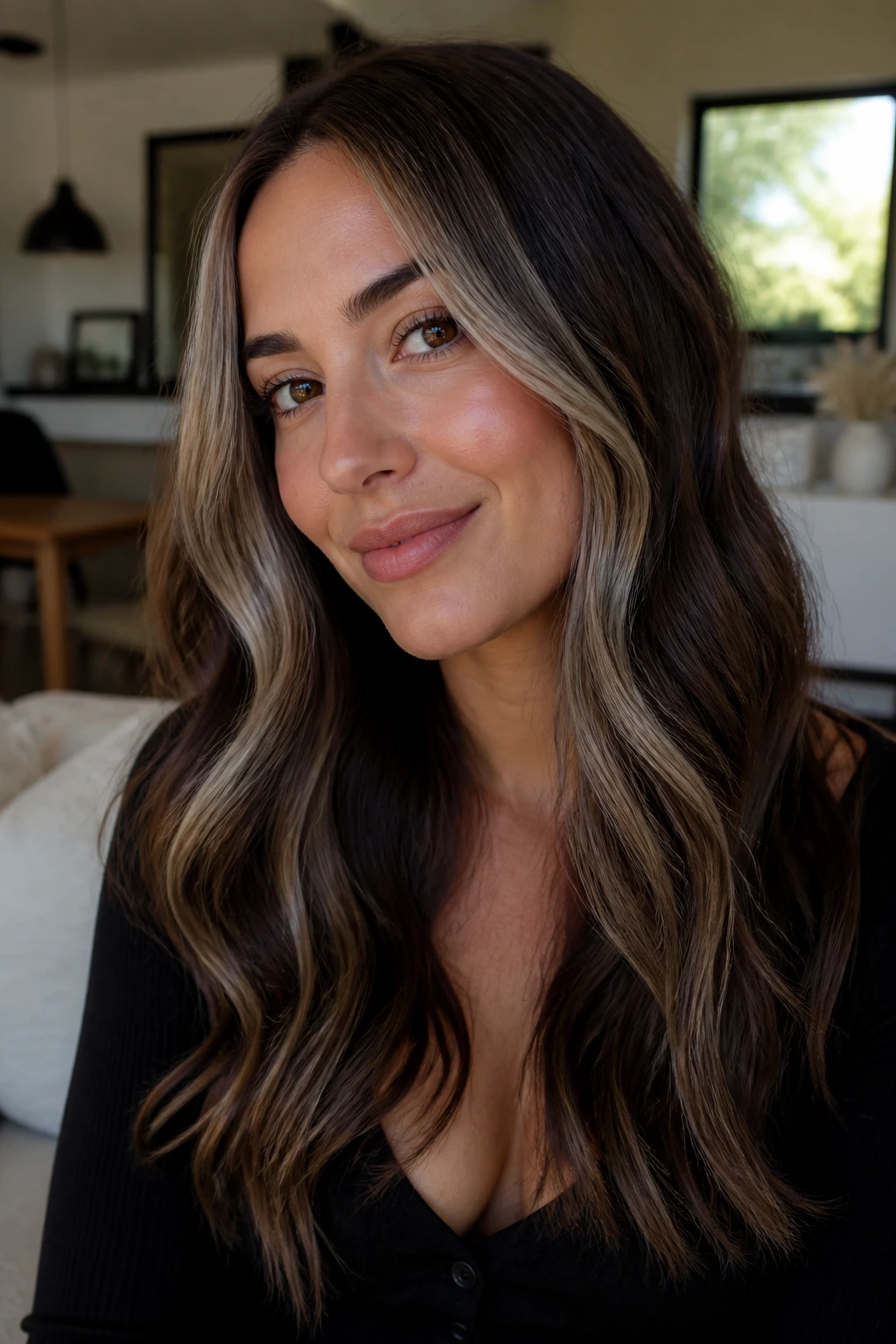 Close-up portrait showing mushroom blonde panels framing dark hair on the face