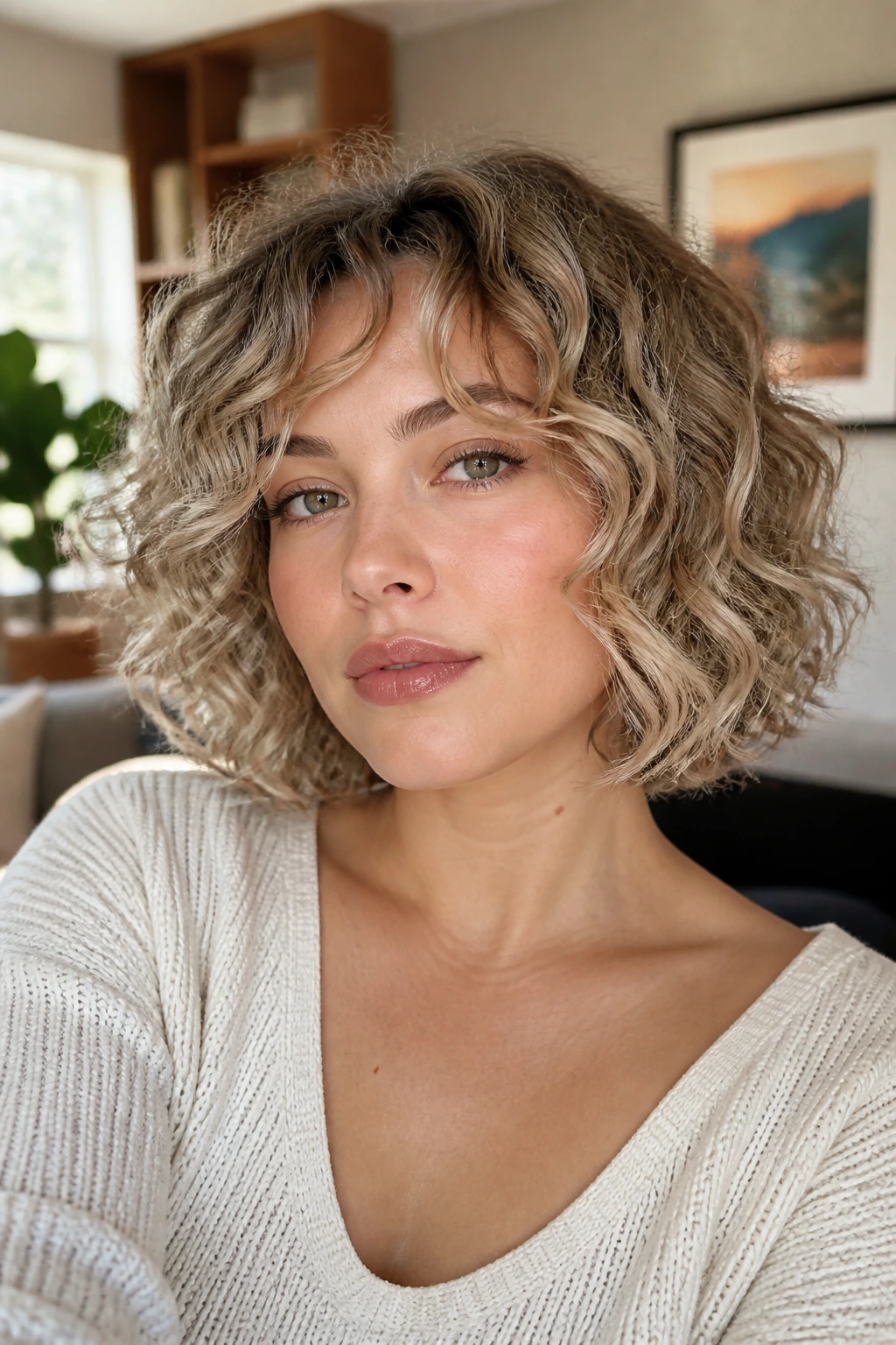 Close up portrait of real woman with mushroom blonde lob and piecey curl definition