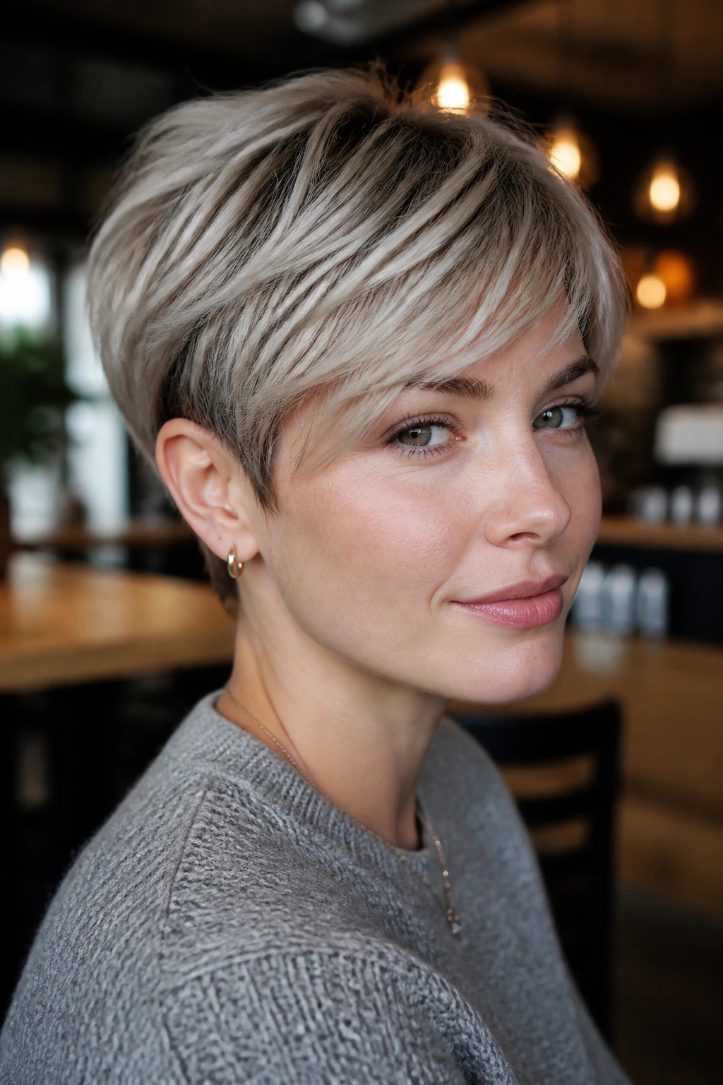 Portrait of woman with mushroom blonde pixie cut and ash-beige tones