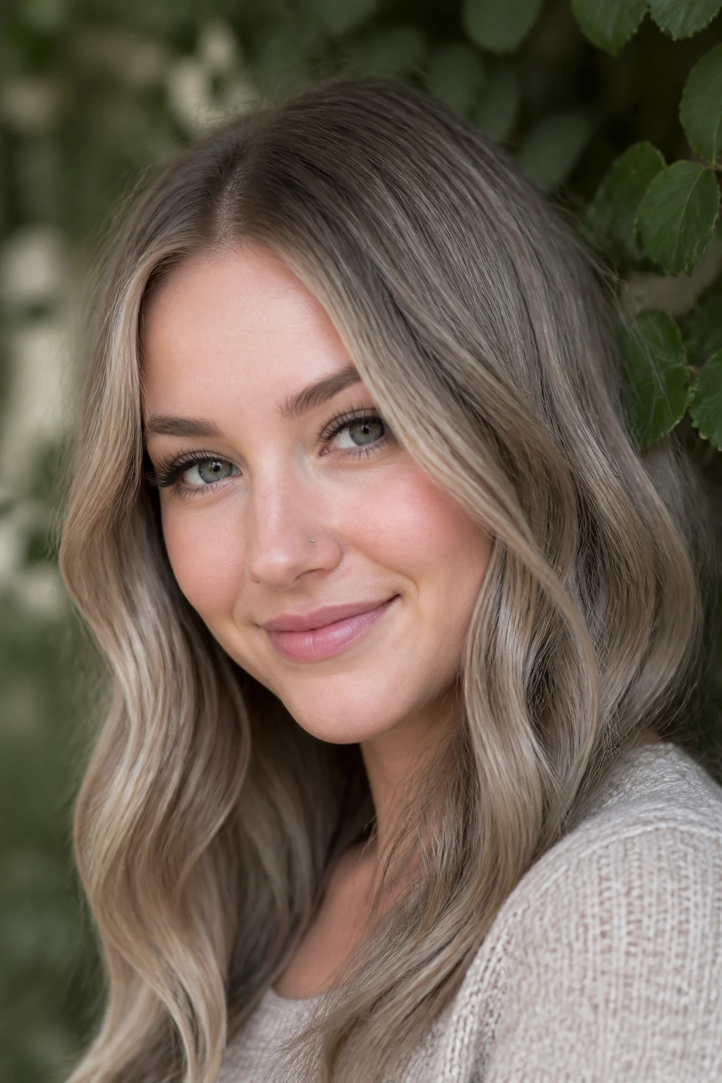 Portrait of mushroom blonde hair with gray-beige-brown tones