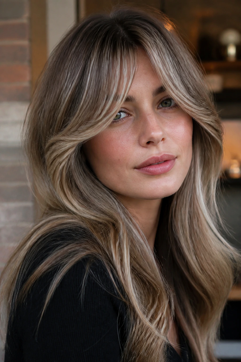 Portrait of a woman with mushroom blonde ribbons and Bardot bangs