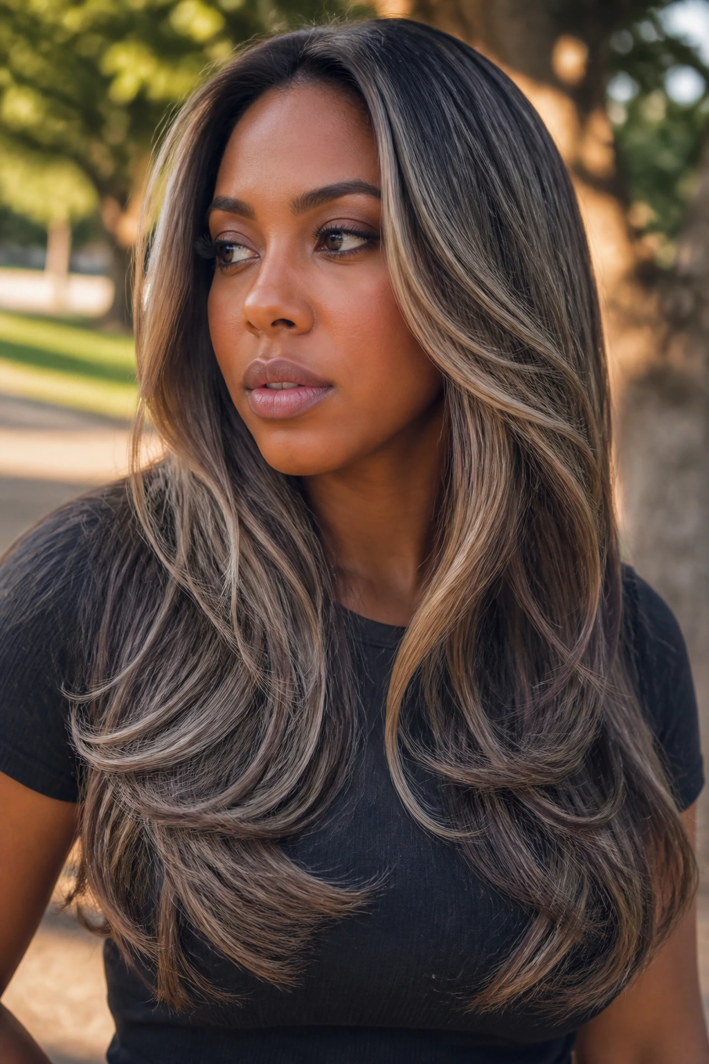 Long layered hair with mushroom blonde ribbons on a real person