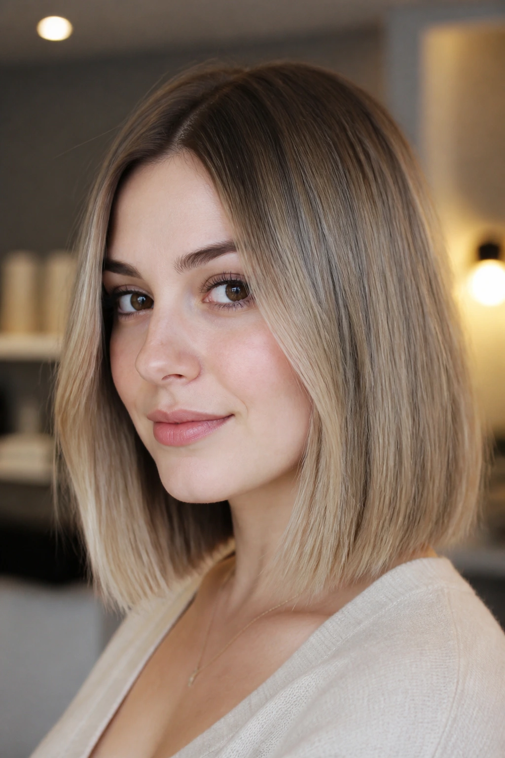 Close-up of a woman with a blunt midi cut and mushroom blonde root melt
