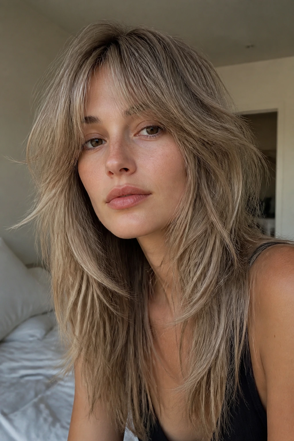 Real woman with mushroom blonde long shag, oval face, soft natural light