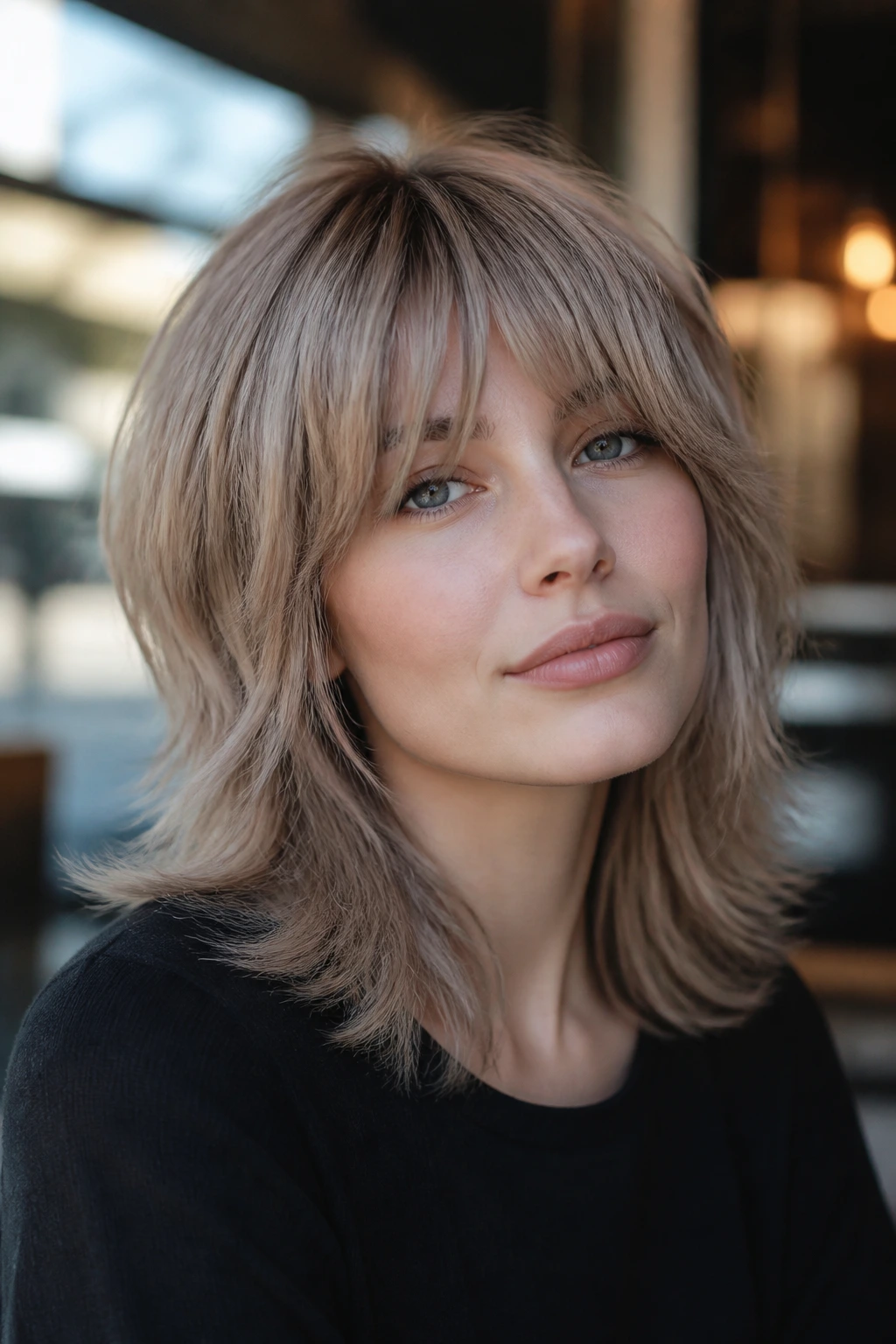 Close-up of a woman with mushroom blonde shag and feathered layers