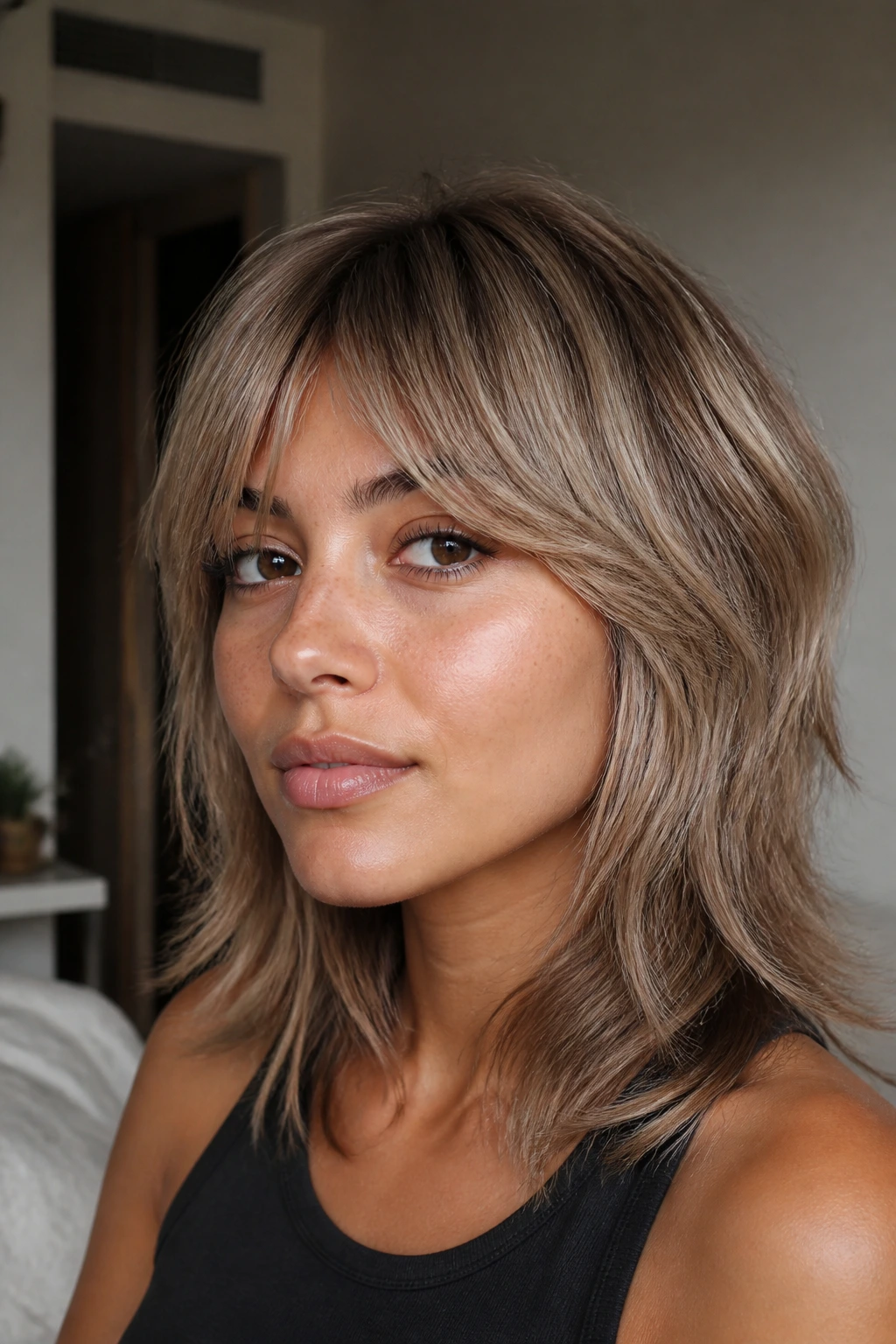 Portrait of a person with olive skin and brown eyes showing mushroom blonde shag