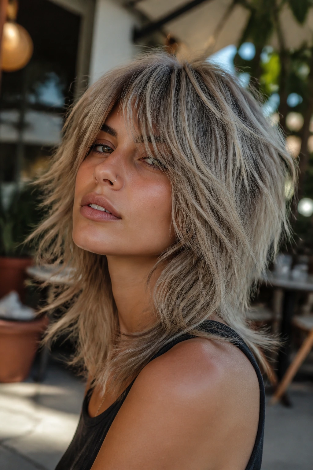 Portrait of a woman with mushroom blonde shag in outdoor daylight