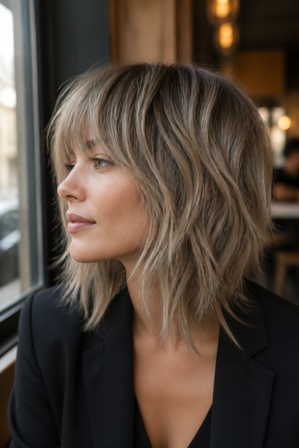 Portrait of a real woman with mushroom blonde shag and choppy ends