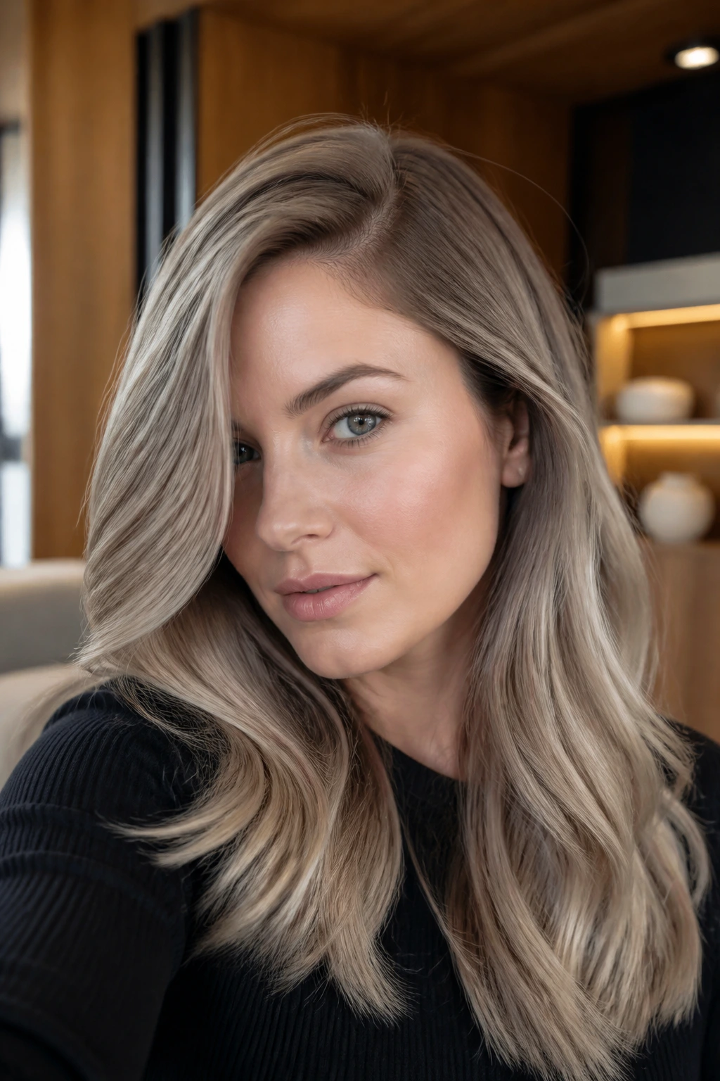 Real woman with glossy mushroom blonde and side part
