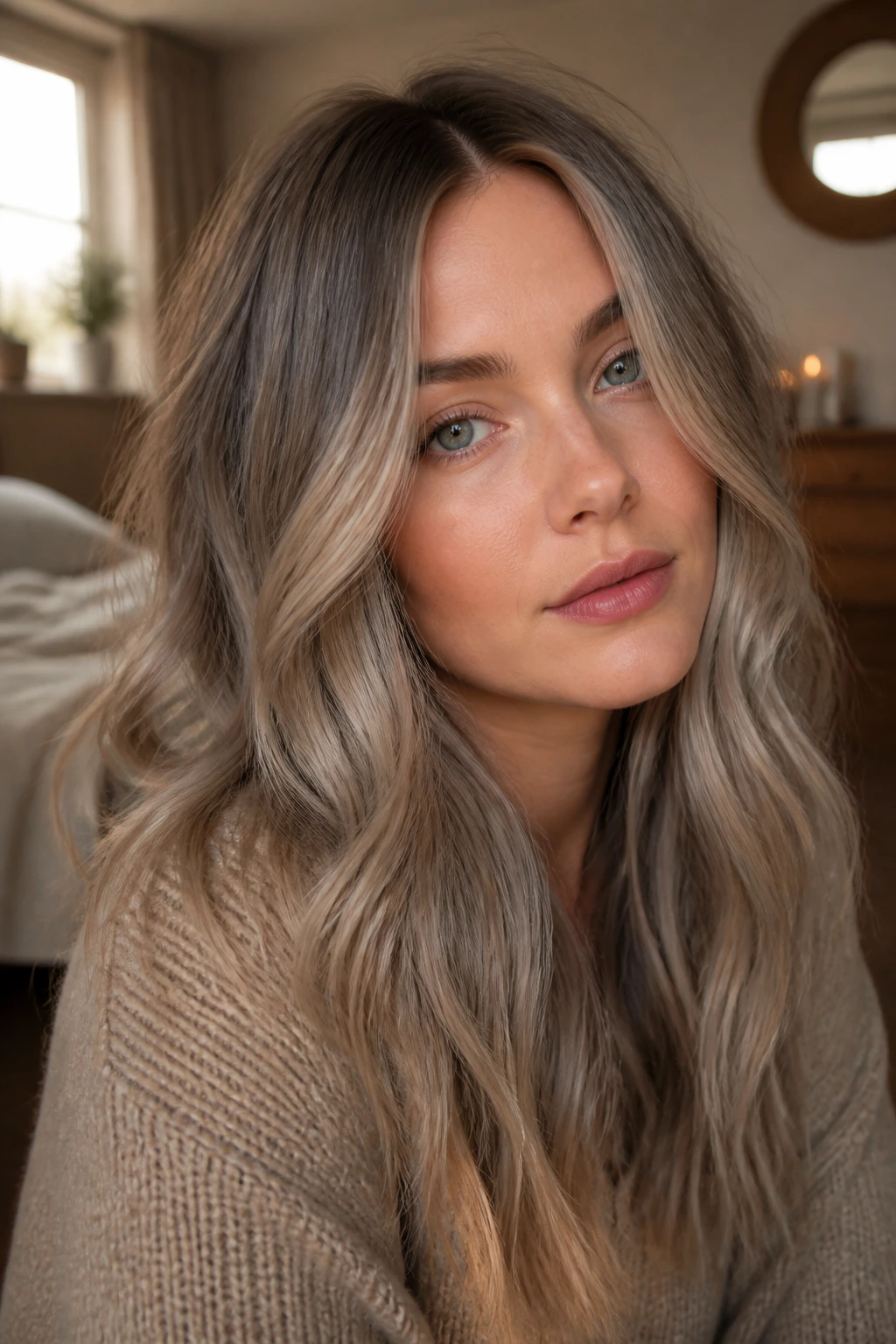 Close-up of a real woman in mushroom blonde with smoky depth.
