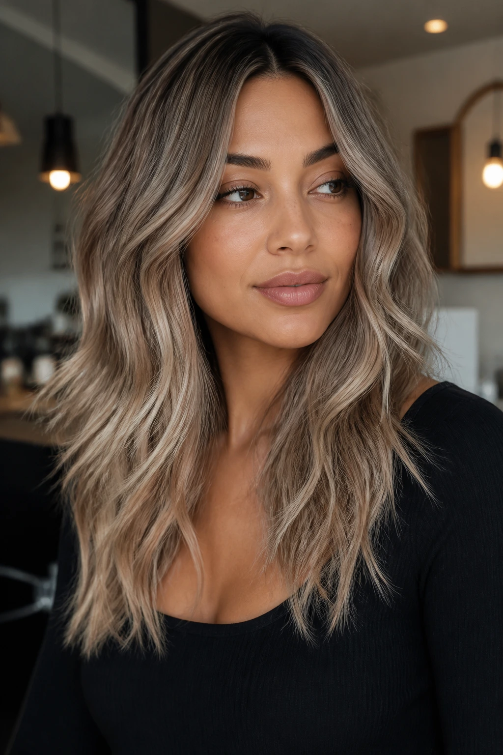 Close-up portrait of a real woman with mushroom blonde hair showing dimensional taupe tones