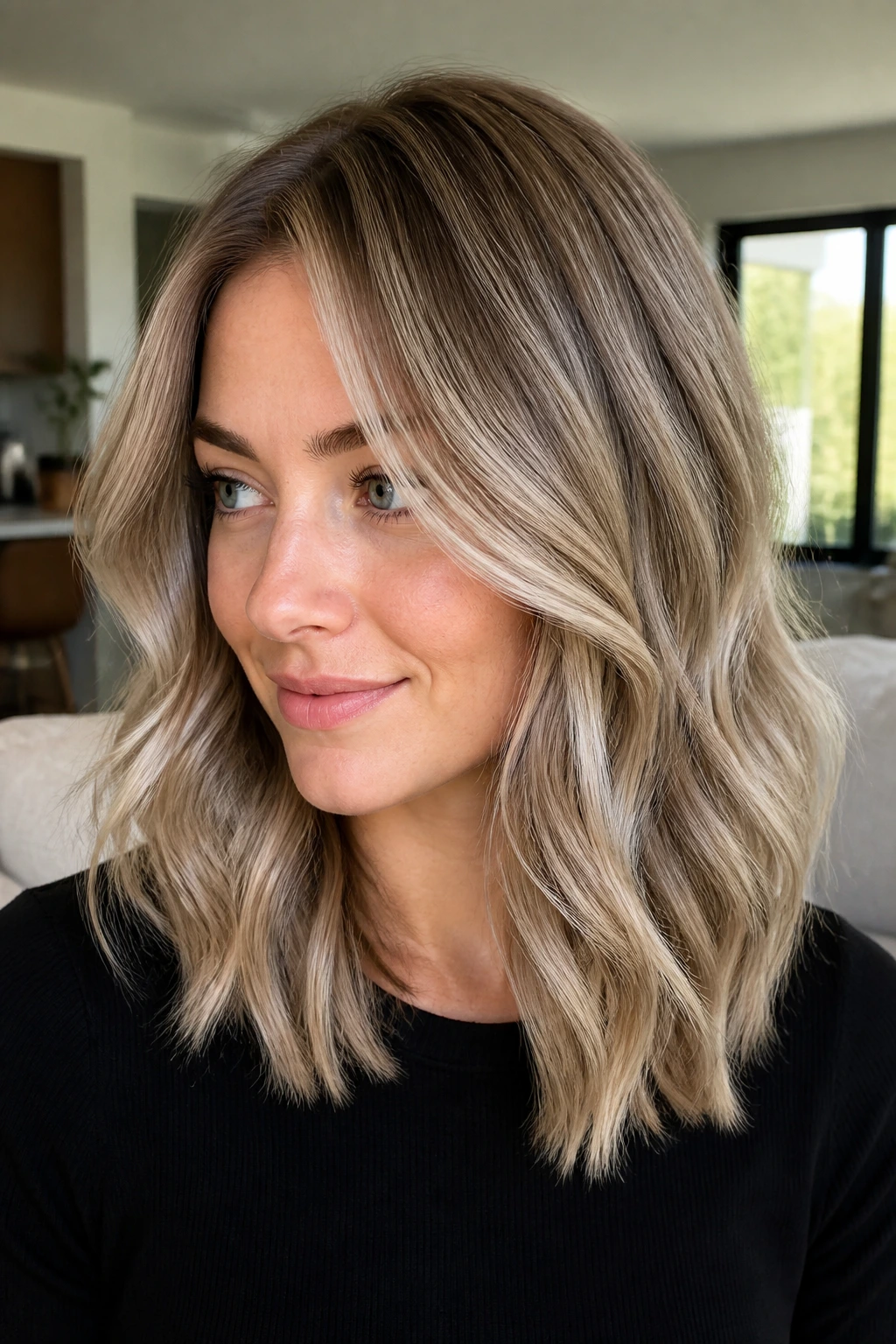 Mushroom blonde with taupe lowlights on a real person