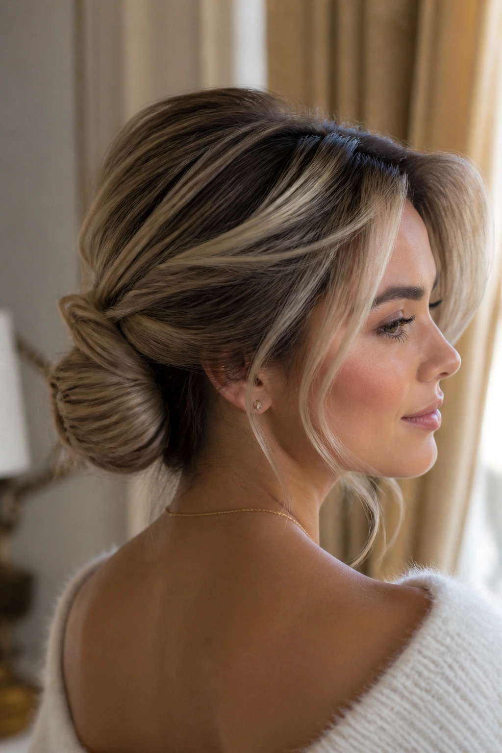 Close-up of a woman with a mushroom blonde updo featuring a low knot in warm interior light