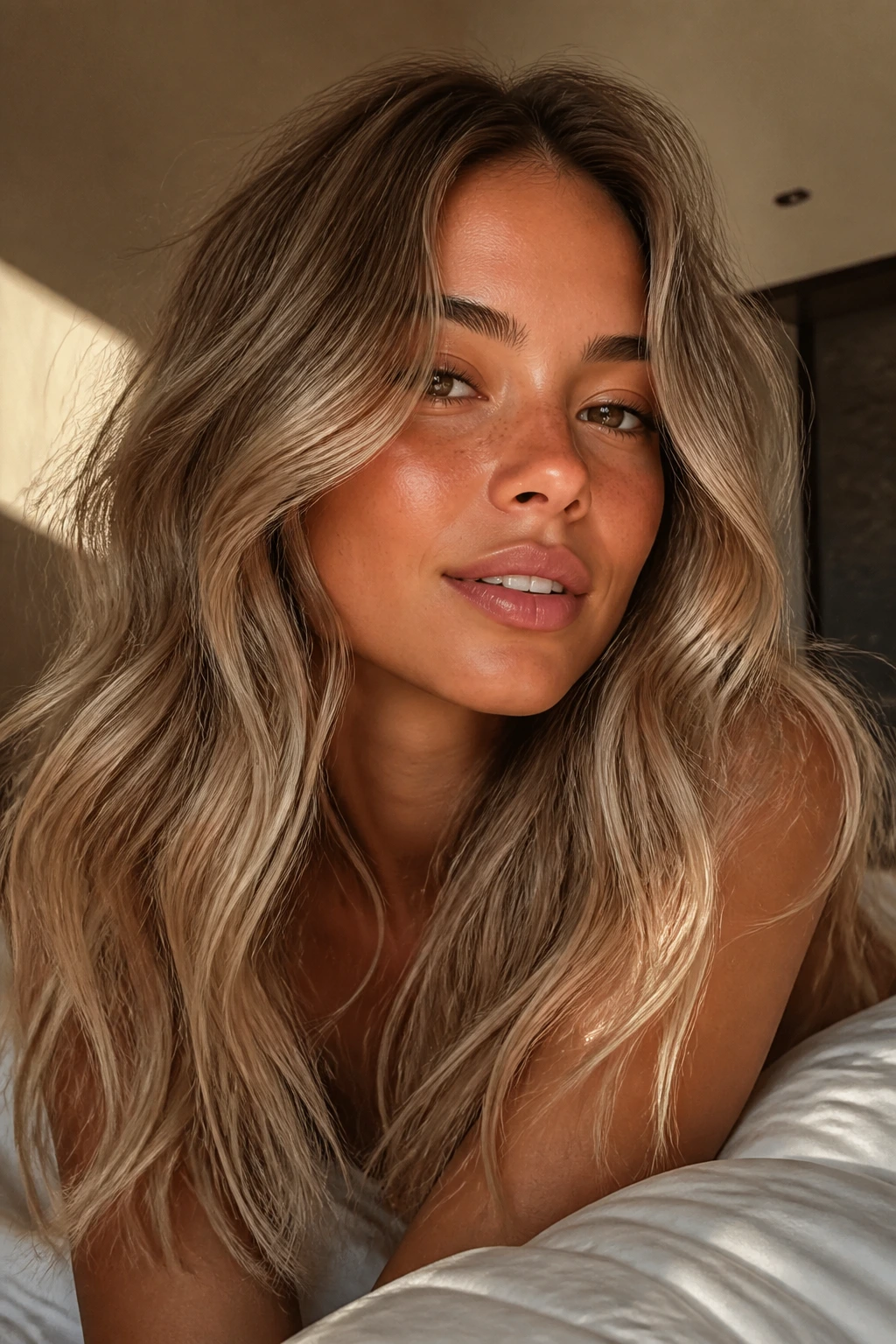 Close-up of a tan-skinned woman with mushroom blonde beach waves