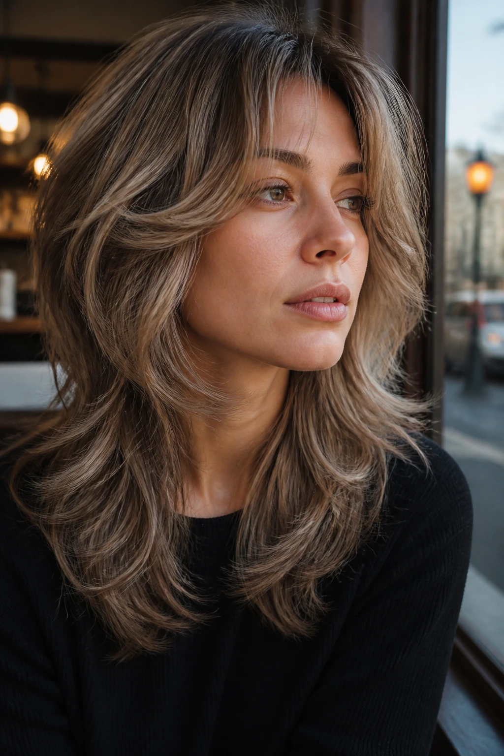 Portrait of a real woman with mushroom blonde on a soft wolf cut